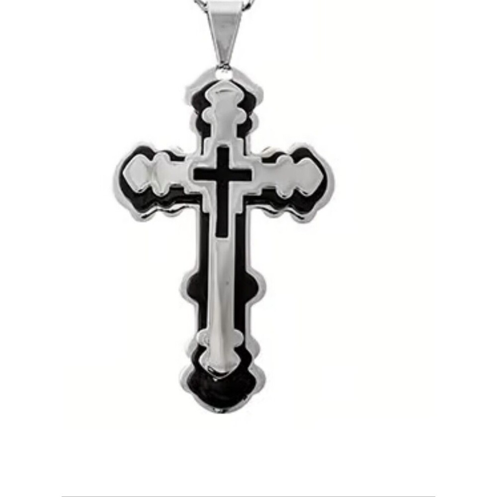Mens Stainless Steel Two-Tone & Black Cross Pendant Necklace